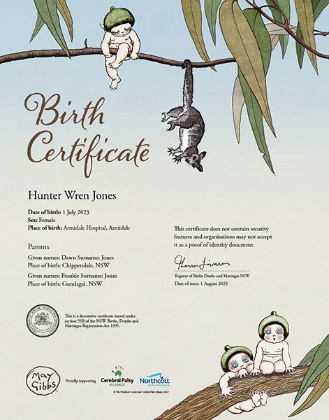 A commemorative birth certificate featuring May Gibbs' Gumnut Babies 