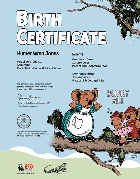 a commemorative birth certificate featuring Blinky Bill characters