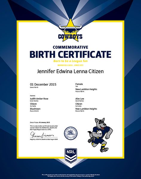 Commemorative Birth Certificate NRL Cowboys