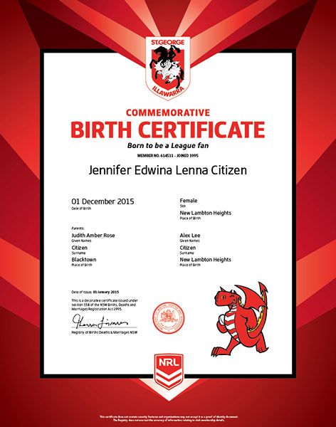 Commemorative Birth Certificate NRL Dragons