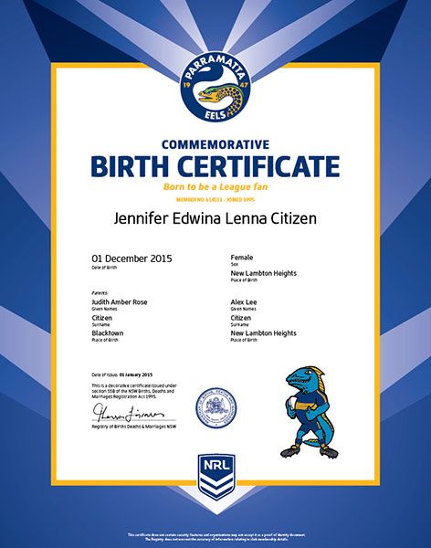 Commemorative Birth Certificate NRL Eels