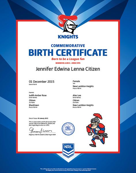 Commemorative Birth Certificate NRL Knights