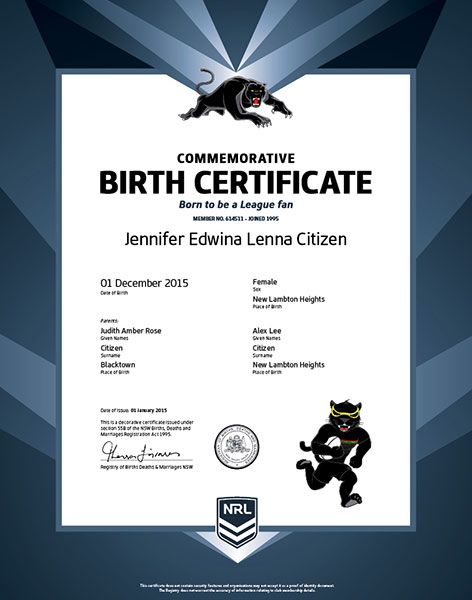 Commemorative Birth Certificate NRL Panthers