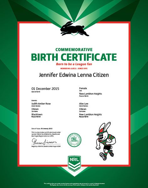 Commemorative Birth Certificate NRL Raiders