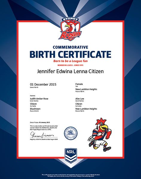 Commemorative Birth Certificate NRL Roosters