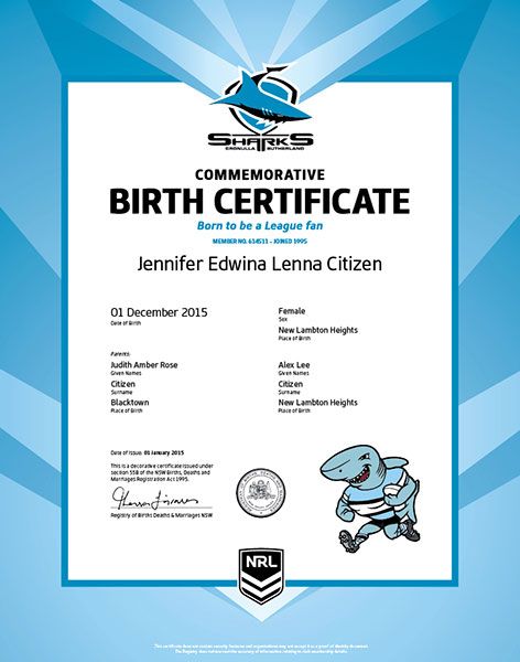 Commemorative Birth Certificate NRL Sharks