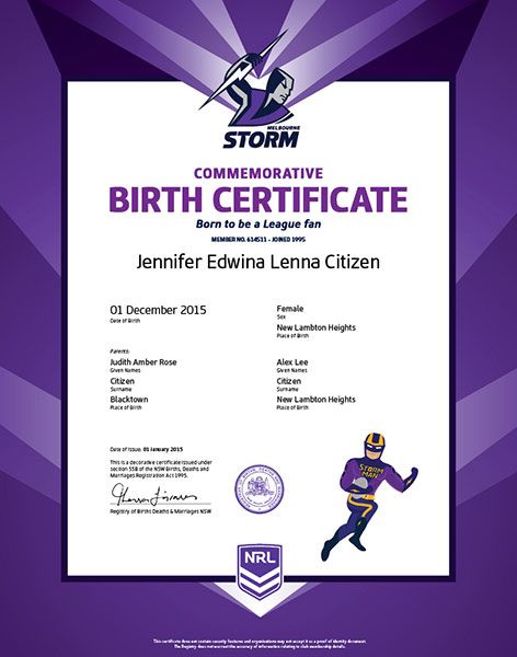 Commemorative Birth Certificate NRL Storms