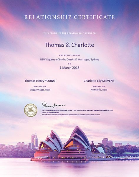 Relationship certificate featuring the Sydney Opera House
