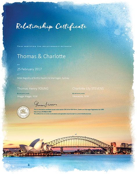 Relationship certificate featuring Sydney Harbour