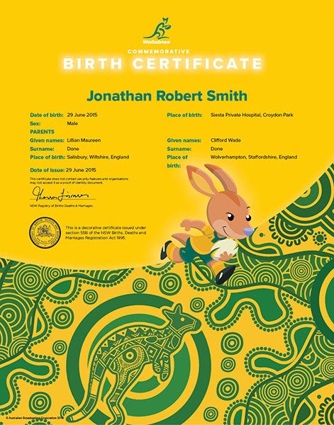 Wallaby commemorative birth certificate