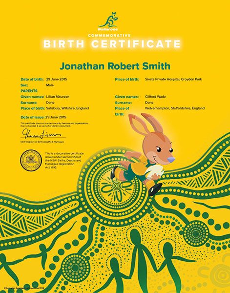 Wallaroo commemorative birth certificate