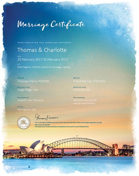 Commemorative Marriage Certificate Sydney Harbour
