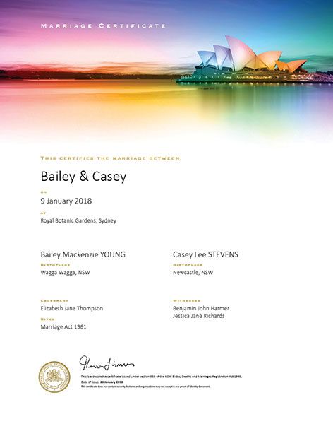 Rainbow Opera House commemorative marriage certificate.