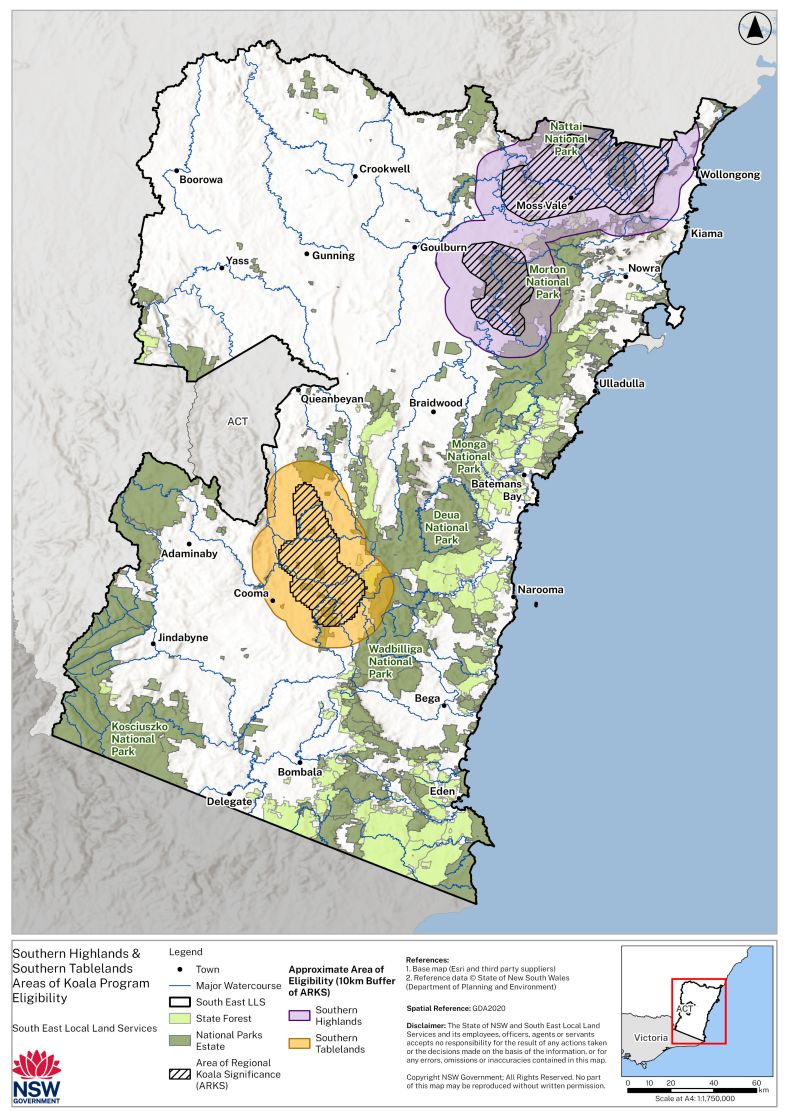 A map showing the areas of regional koala significance (including 10km eligibility buffer) around Morton and Cattai national park and the area between Deua and Wadbilliga national parks and Cooma.