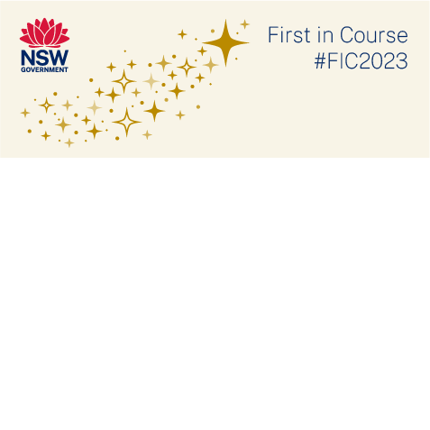 A graphic showing a cluster of golden stars on a light gold background. Text reads 'First in Course, #FIC2023'.