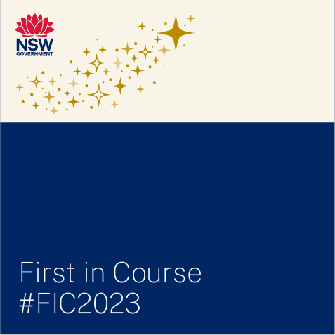 a graphic showing a cluster of golden stars against a light gold background. The right side shows the words 'First in Course #FIC202' against a dark navy background