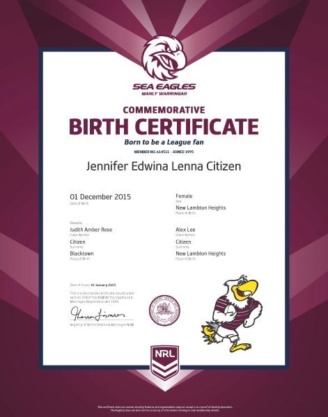 Commemorative Birth Certificate NRL Sea Eagles