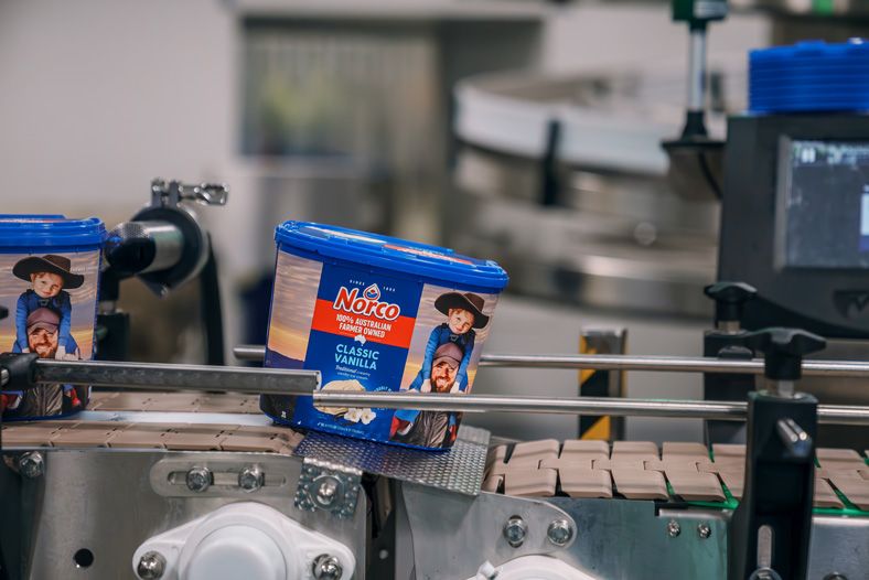A tub of Norco ice cream displayed in the newly reopened Norco ice cream factory