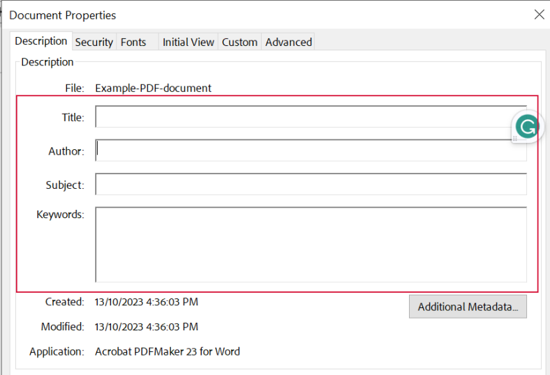 PDF document properties fields screenshot