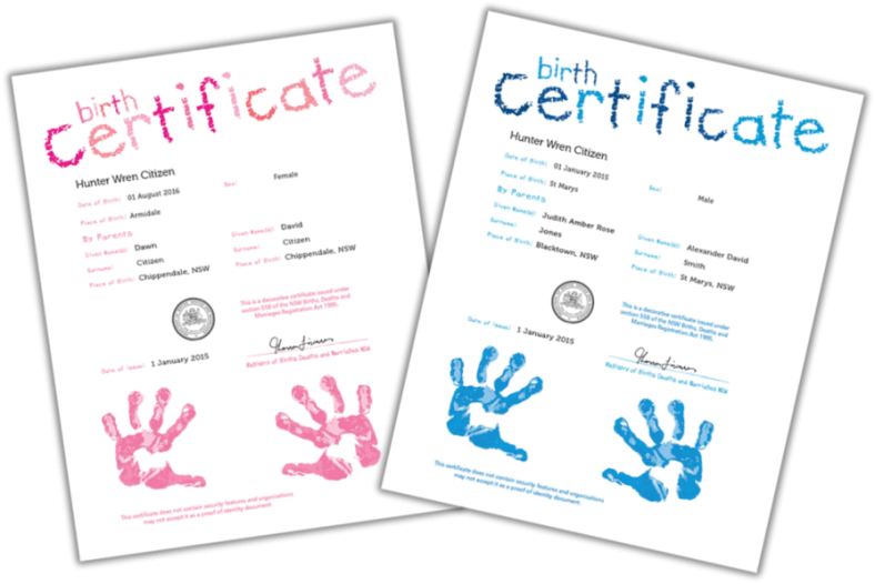 Commemorative birth certificates featuring blue and pink handprints