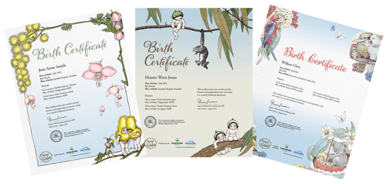 Commemorative birth certificates featuring May Gibbs designs
