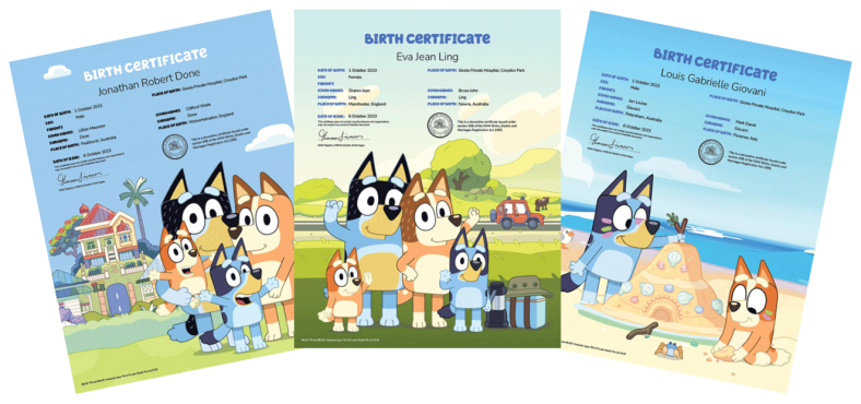 Three commemorative birth certificates featuring Bluey and the Heeler family