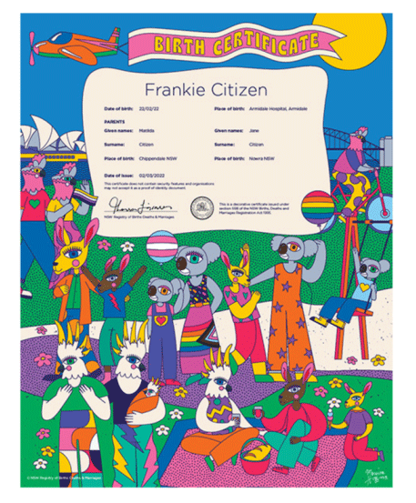 Rainbow family commemorative birth certificate