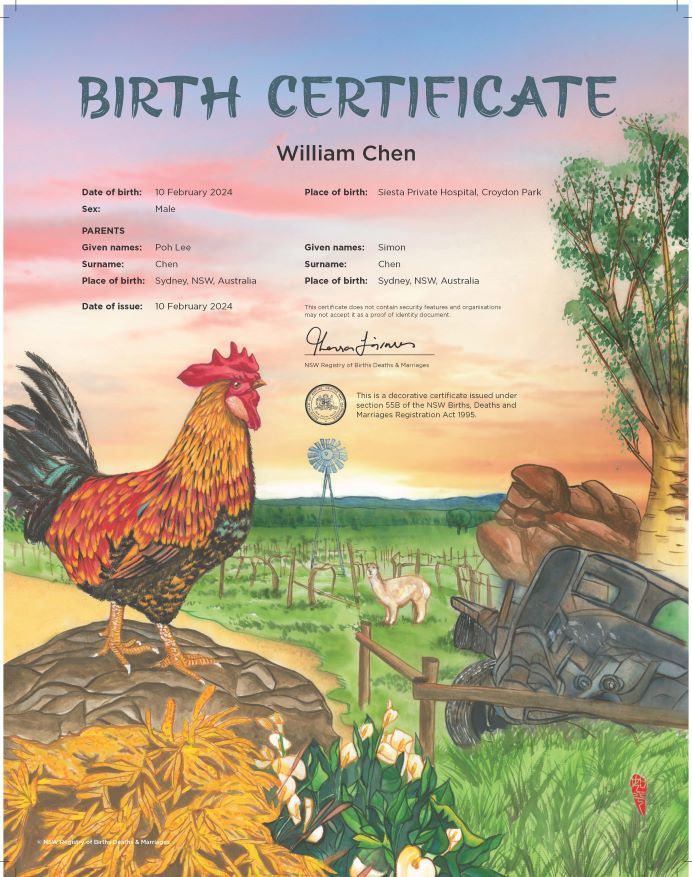 A commemorative birth certificate depicting a rooster on a rocky area overlooking a grassy farm. In the background there is a windmill.