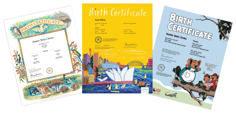 Commemorative birth certificates featuring Australian flora and fauna, a Ken Done design and Blinky Bill