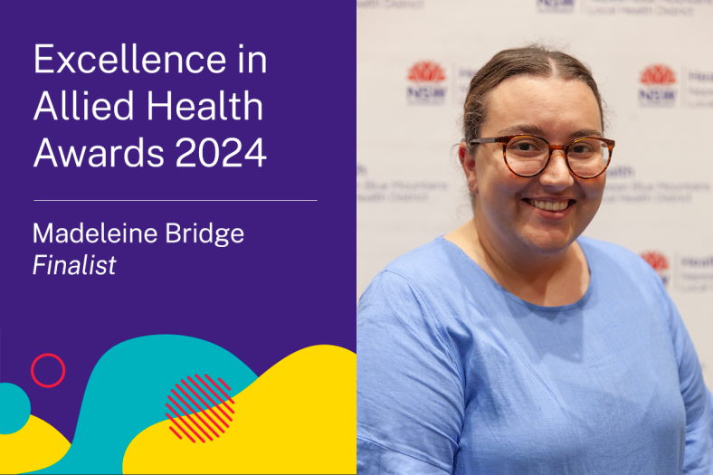 Madeleine Bridge profile picture next to card that states Excellence in Allied Health Awards finalist