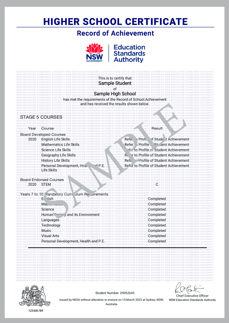 NESA certificate sample Stage 5 with Life Skill
