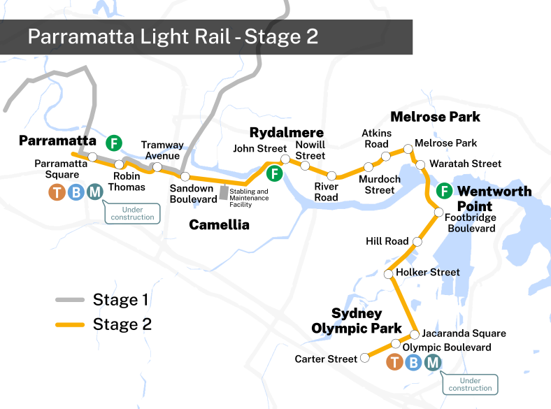 A static map that displays stage 2 of the Parramatta Light Rail.