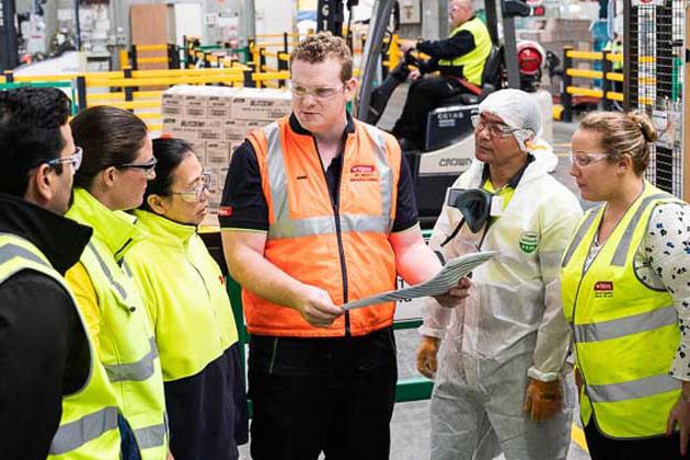 Group of warehouse workers wearing high visibility vests.  