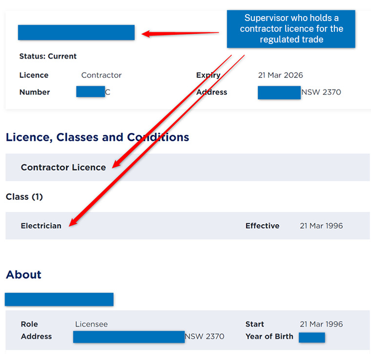 Screenshot of NSW Fair Trading page checking details for a supervisor who holds a contractor licence for the regulated trade. 