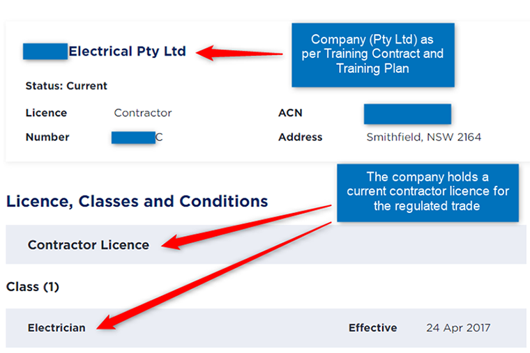 Screenshot of NSW Fair Trading page checking details for a company that who holds a contractor licence for the regulated trade. 