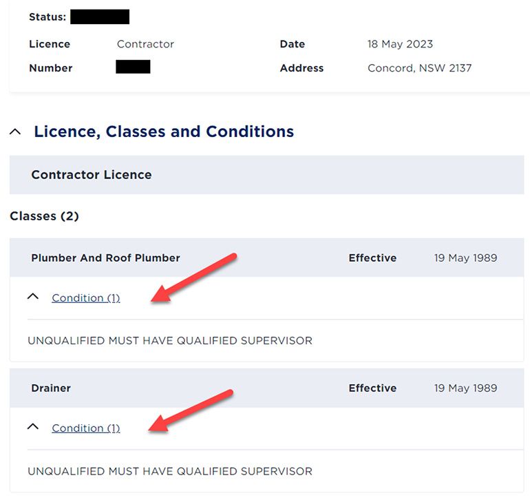 Screenshot of NSW Fair Trading page showing unqualified contractors licence details.