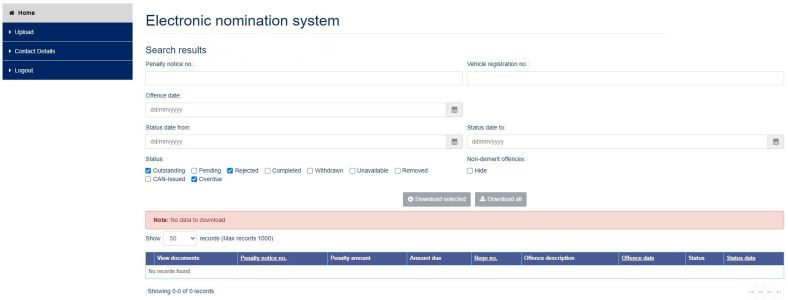 Example electronic nomination search result screen in the Revenue eNominations portal