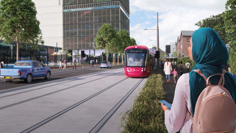 Graphic of a pedestrian observing one of the Parramatta Light Rail vehicle's in motion
