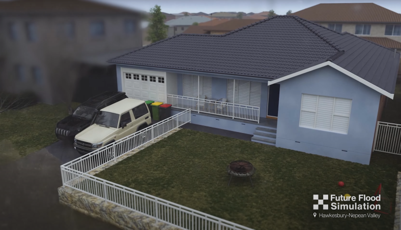 A 3d render of a simulated flood event around a house