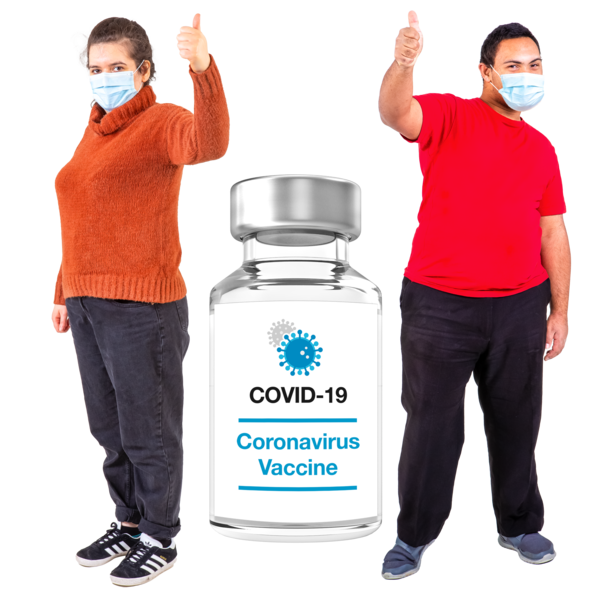 two people in red shirts standing next to vaccine bottle