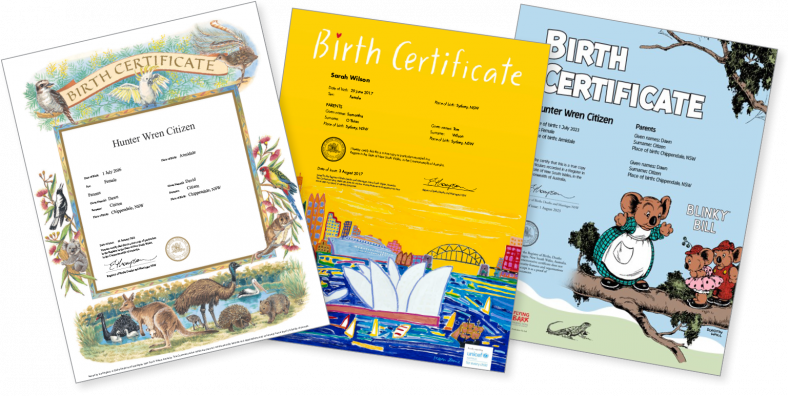 Commemorative birth certificates featuring Australian flora and fauna, a Ken Done design and Blinky Bill