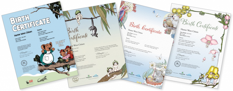 Commemorative birth certificates featuring designs with Blinky Bill and from May Gibbs