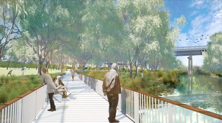 Artist impression of Liverpool park with trees, river, birds and bridge in the background.  People enjoying the scenery on the footbridge.