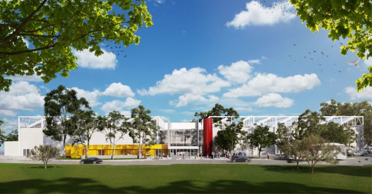 Artist impression of a bright sunny day at new state of the art indoor sports centre with lots of greenery; including grass and trees