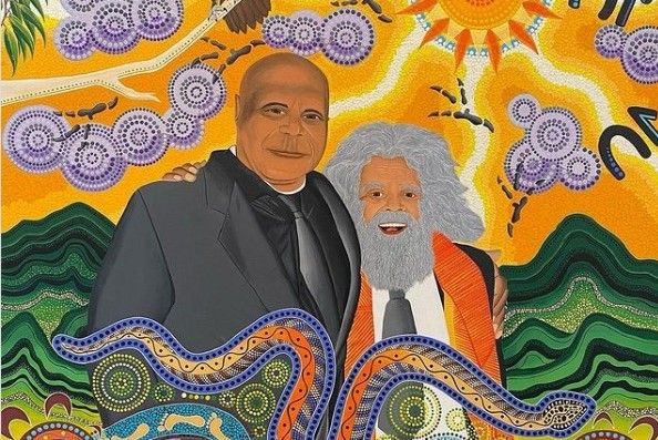Artwork depicting two figures surrounded by Aboriginal motifs and designs .
