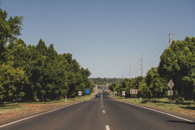 A long straight road with cars driving into the distance and with trees either side.