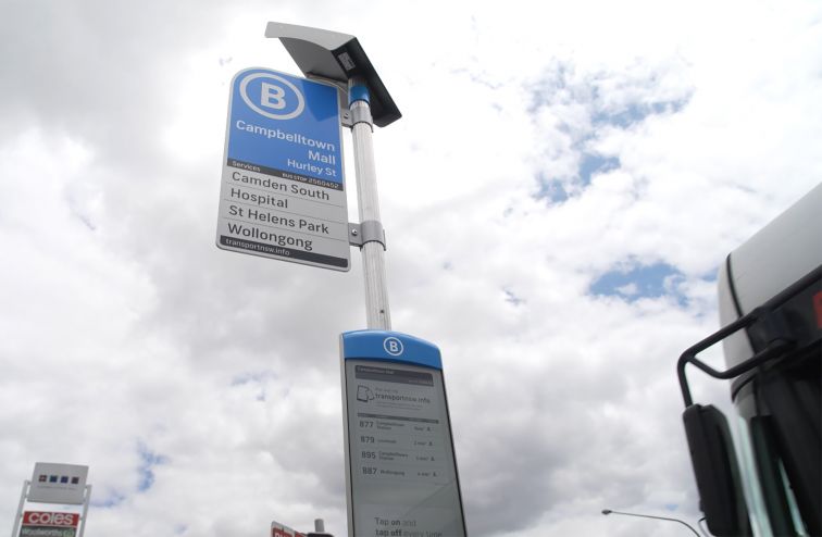 A digital bus sign in Campbelltown for the Smart Digital Kerbside project.