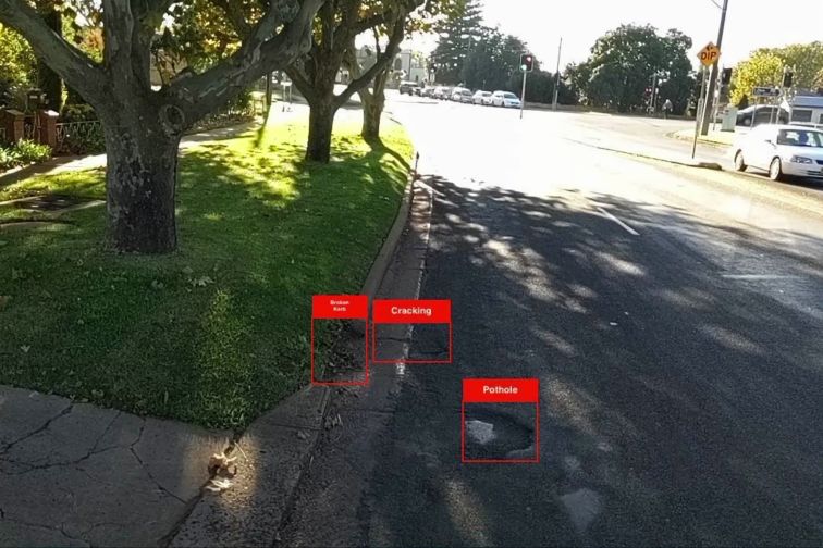 An example of Asset AI technology identifying maintenance issues on a suburban road.
