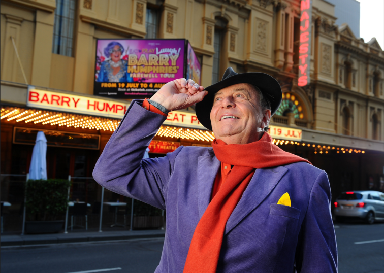 Barry Humphries outside of Her Majesty's Theatre, Melbourne in 2012 for his farewell tour 'Eat, Pray, Laugh!'