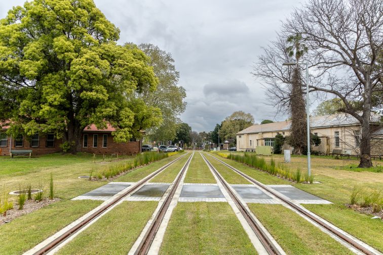 A shot of the Parramatta Light Rail 'Green track' going past Cumberland Hospital Precinct. 